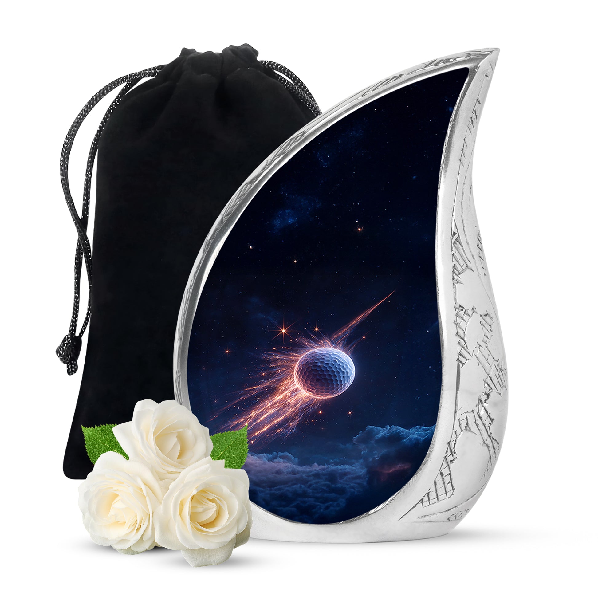 Slate Blue Golf Cremation Urn front view showing detailed design - rounded teardrop golf design with delicate detail - full-size 10 inch 200 cubic inch adult cremation urn