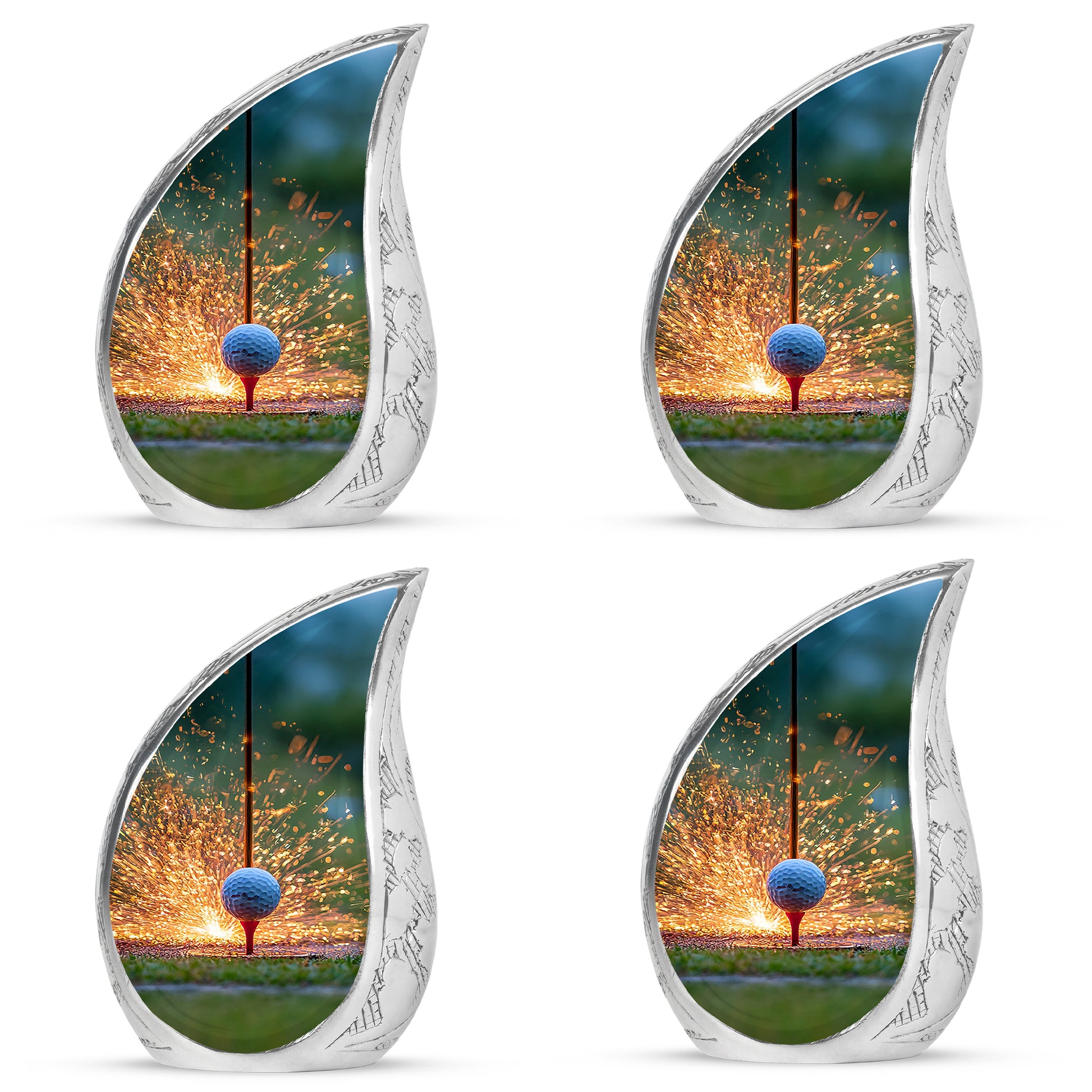 Warm Gold Golf Cremation Urn close-up of engraving and surface detail - smooth teardrop contour featuring golf art - 10 inch aluminum urn for cremated remains
