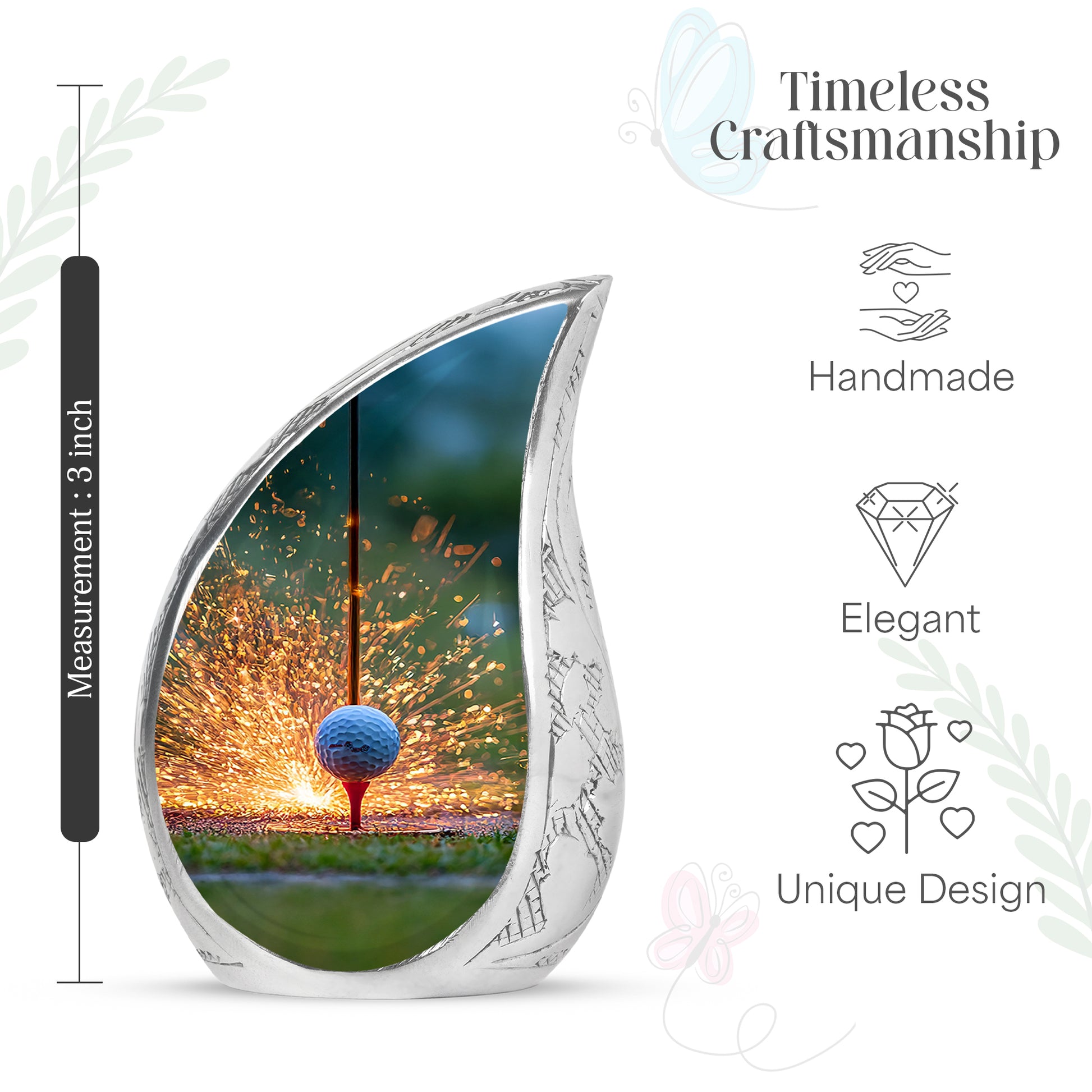 Burnished Gold Golf Cremation Urn angled view of lid and engraved motif - smooth teardrop contour featuring golf art - mini keepsake memorial for portion of cremation ashes