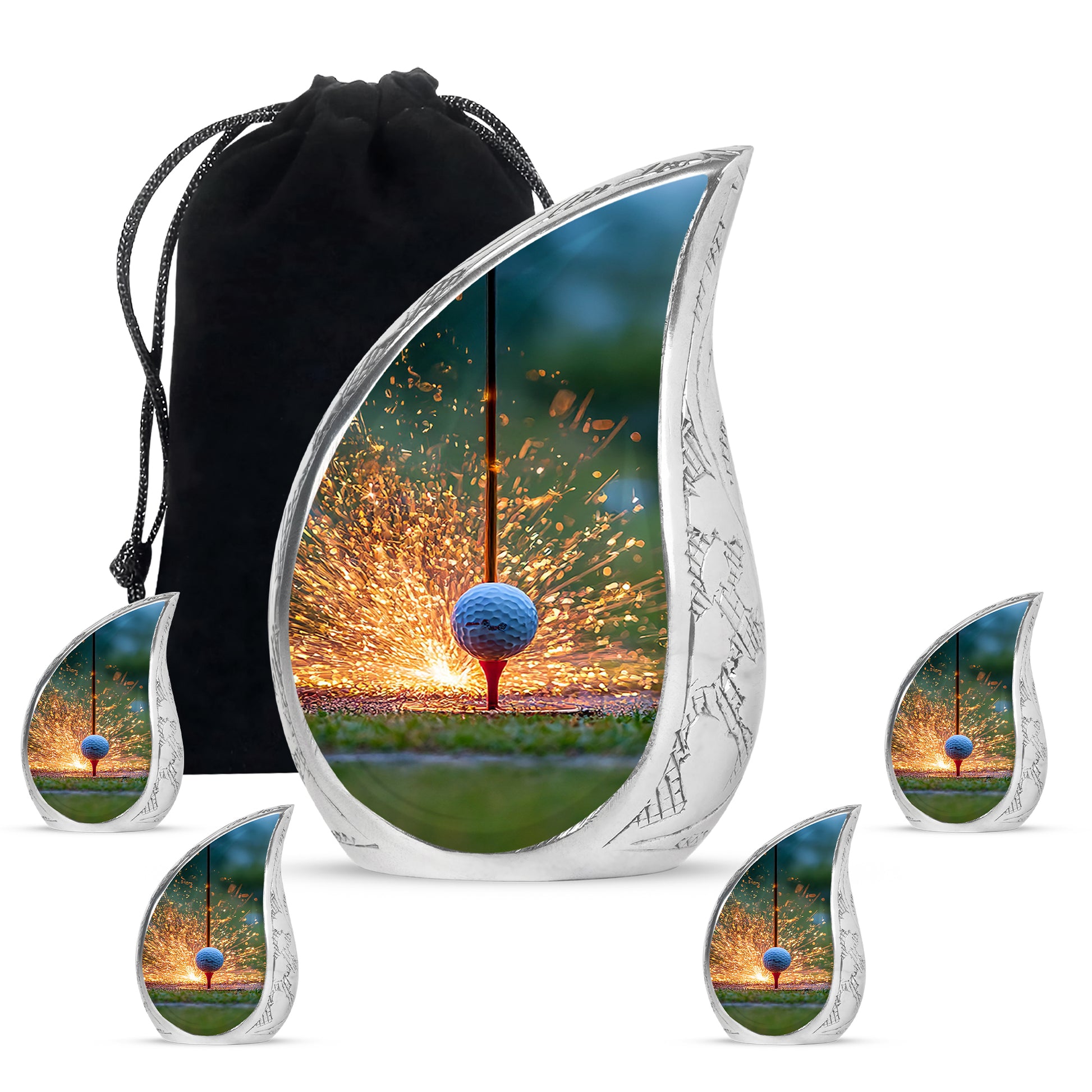 Royal Gold Golf Cremation Urn side profile showing urn shape - smooth teardrop contour featuring golf art - memorial set with one large and four small urns