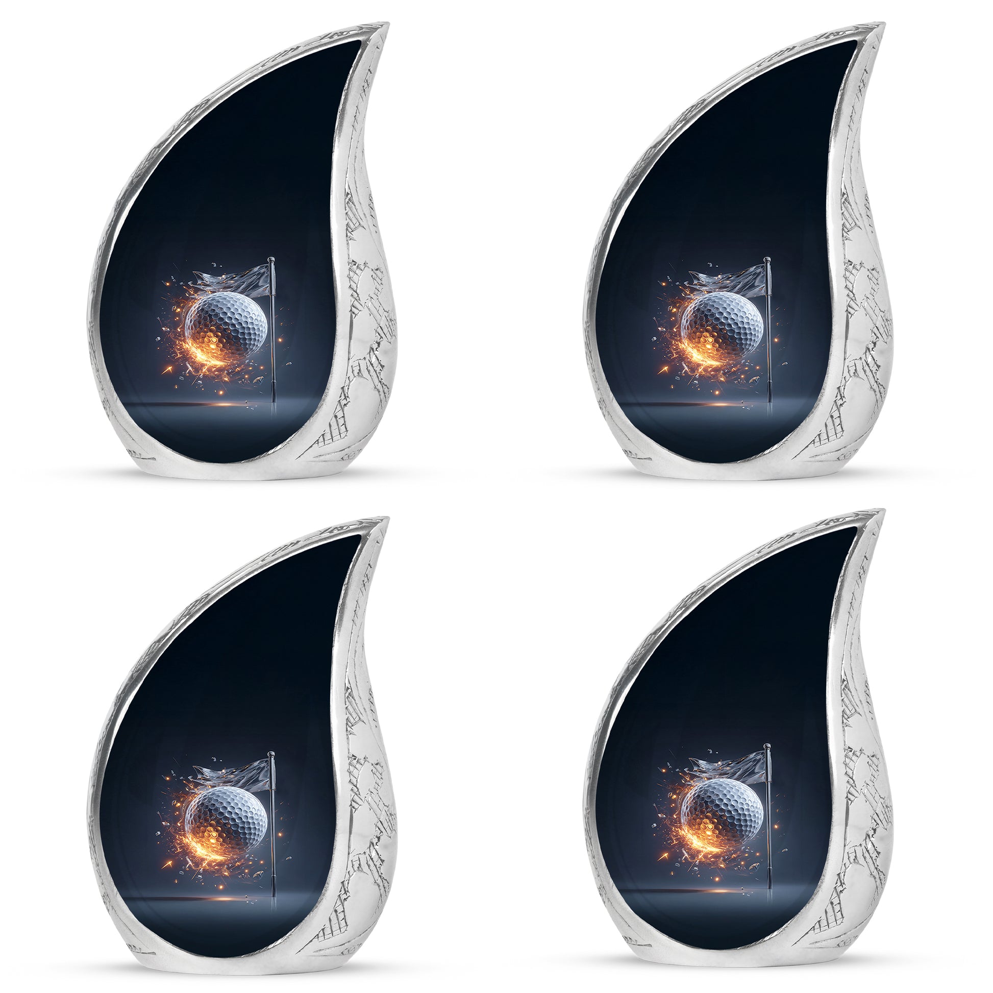 Powder Blue Golf Cremation Urn close-up of engraving and surface detail - rounded teardrop golf design with delicate detail - 10 inch aluminum urn for cremated remains