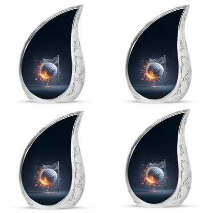 Powder Blue Golf Cremation Urn close-up of engraving and surface detail - rounded teardrop golf design with delicate detail - 10 inch aluminum urn for cremated remains