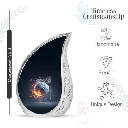 Serene Blue Golf Cremation Urn angled view of lid and engraved motif - smooth teardrop contour featuring golf art - mini keepsake memorial for portion of cremation ashes