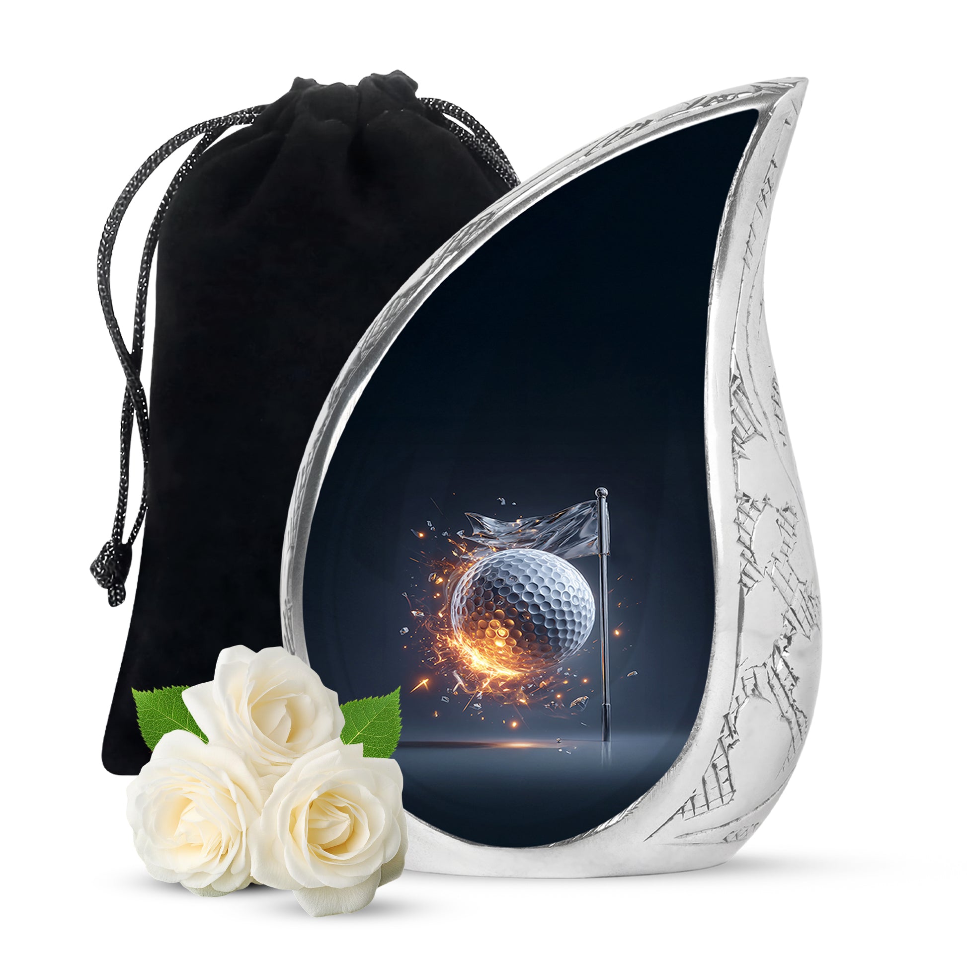 Navy Blue Golf Cremation Urn front view showing detailed design - rounded teardrop golf design with delicate detail - full-size 10 inch 200 cubic inch adult cremation urn