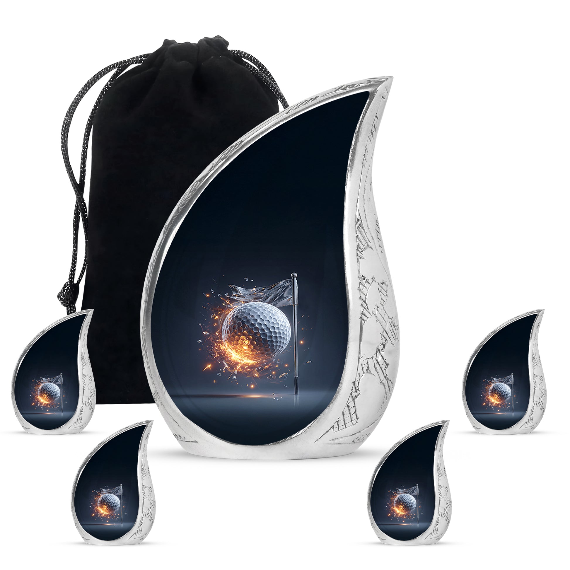 Serene Blue Golf Cremation Urn side profile showing urn shape - graceful tear-shaped urn with golf motif - memorial set with one large and four small urns