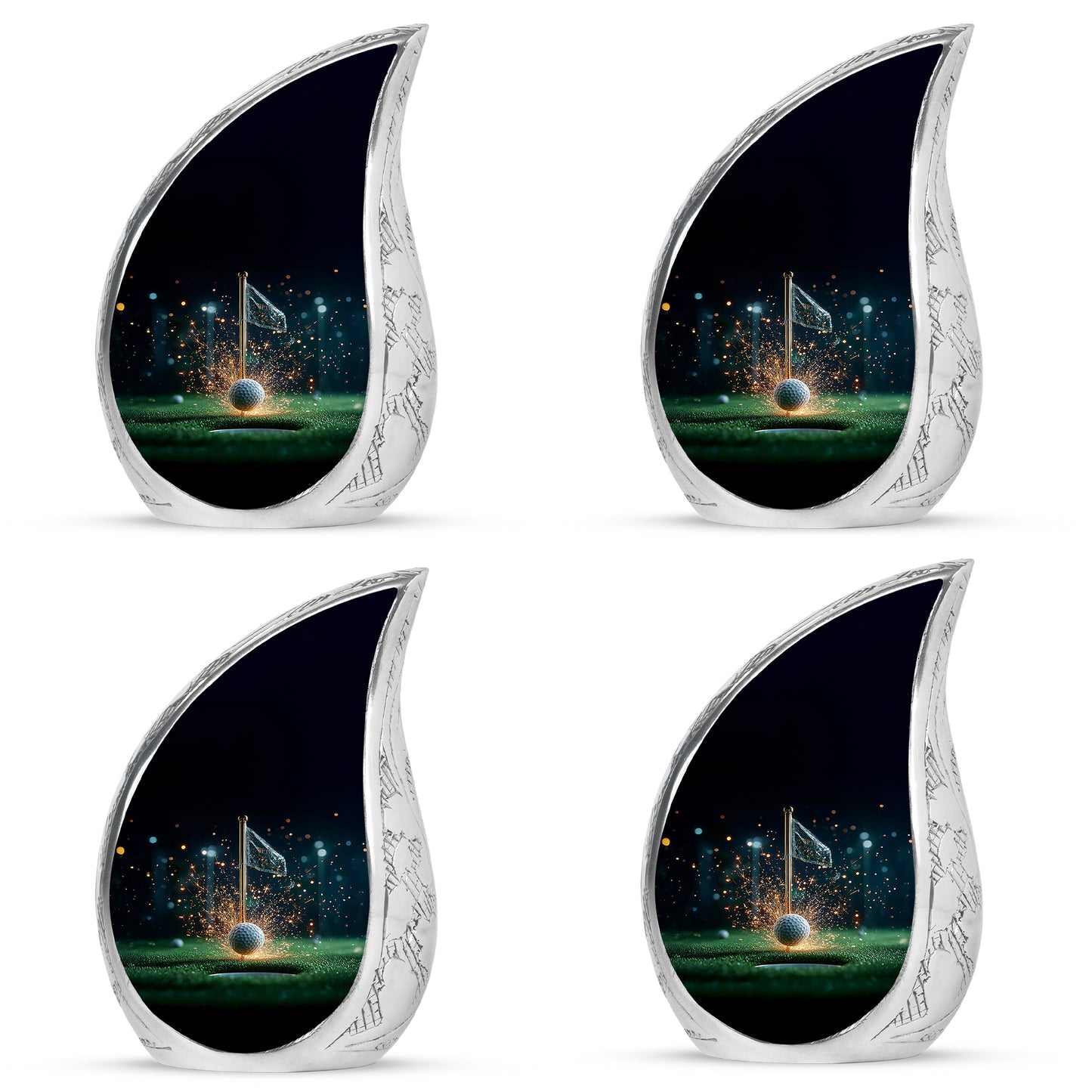Rich Black Golf Cremation Urn close-up of engraving and surface detail - rounded teardrop golf design with delicate detail - 10 inch aluminum urn for cremated remains