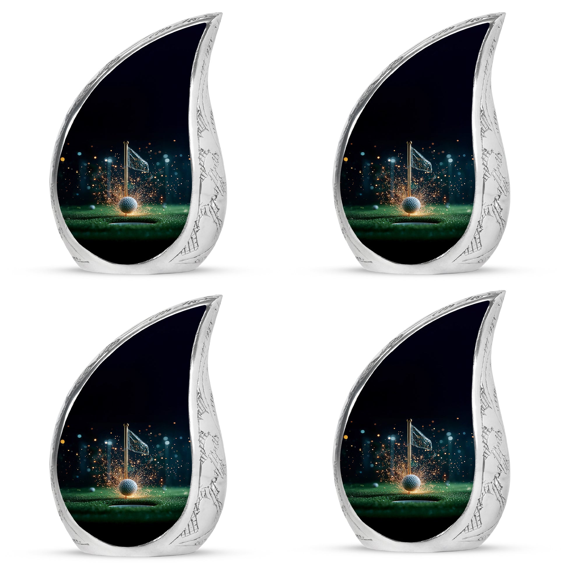 Rich Black Golf Cremation Urn close-up of engraving and surface detail - rounded teardrop golf design with delicate detail - 10 inch aluminum urn for cremated remains