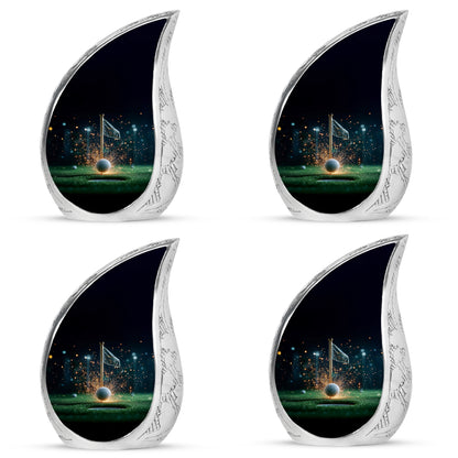 Rich Black Golf Cremation Urn close-up of engraving and surface detail - rounded teardrop golf design with delicate detail - 10 inch aluminum urn for cremated remains