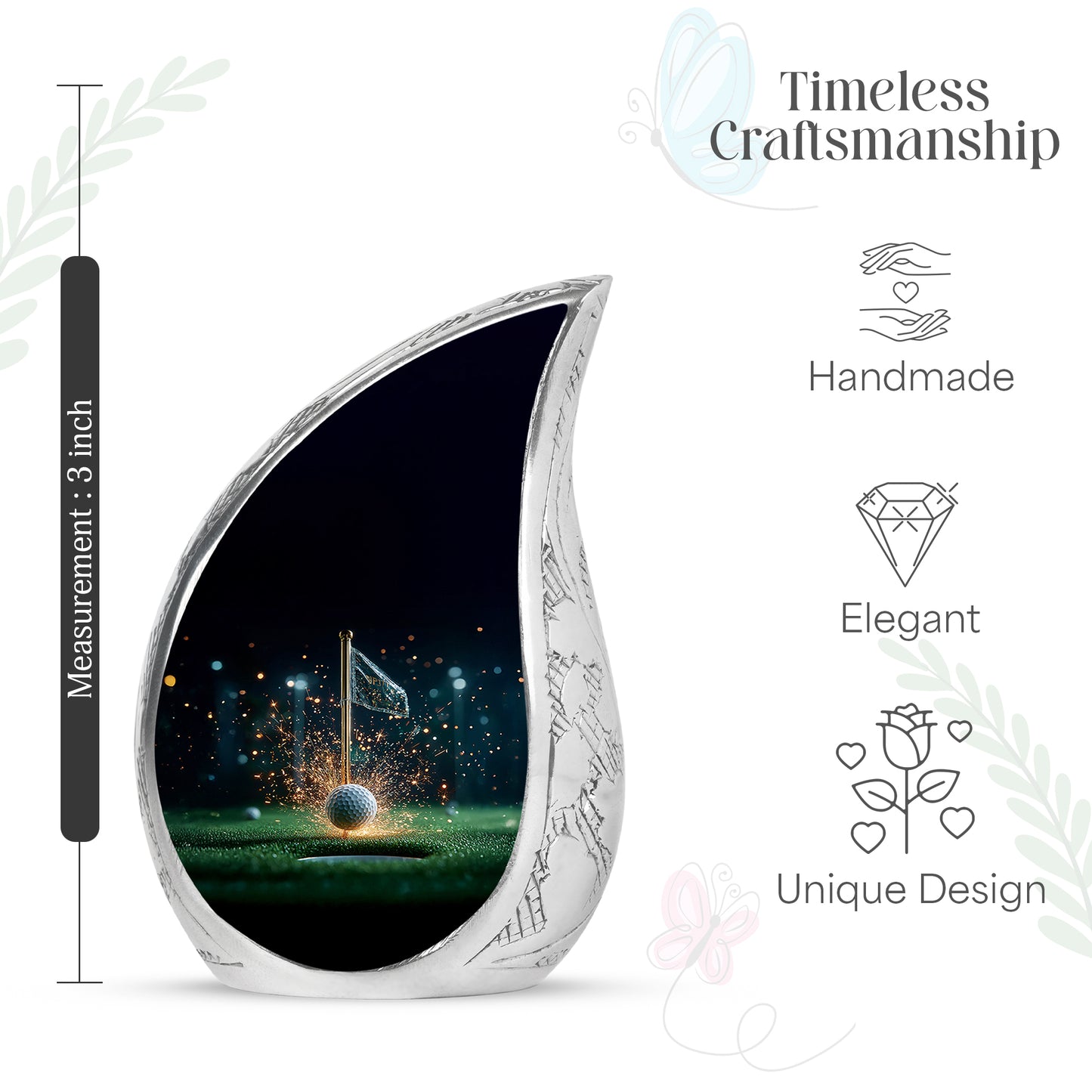 Rich Black Golf Cremation Urn angled view of lid and engraved motif - flowing teardrop golf silhouette on curved aluminum - mini keepsake memorial for portion of cremation ashes