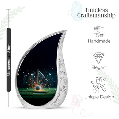 Rich Black Golf Cremation Urn angled view of lid and engraved motif - flowing teardrop golf silhouette on curved aluminum - mini keepsake memorial for portion of cremation ashes
