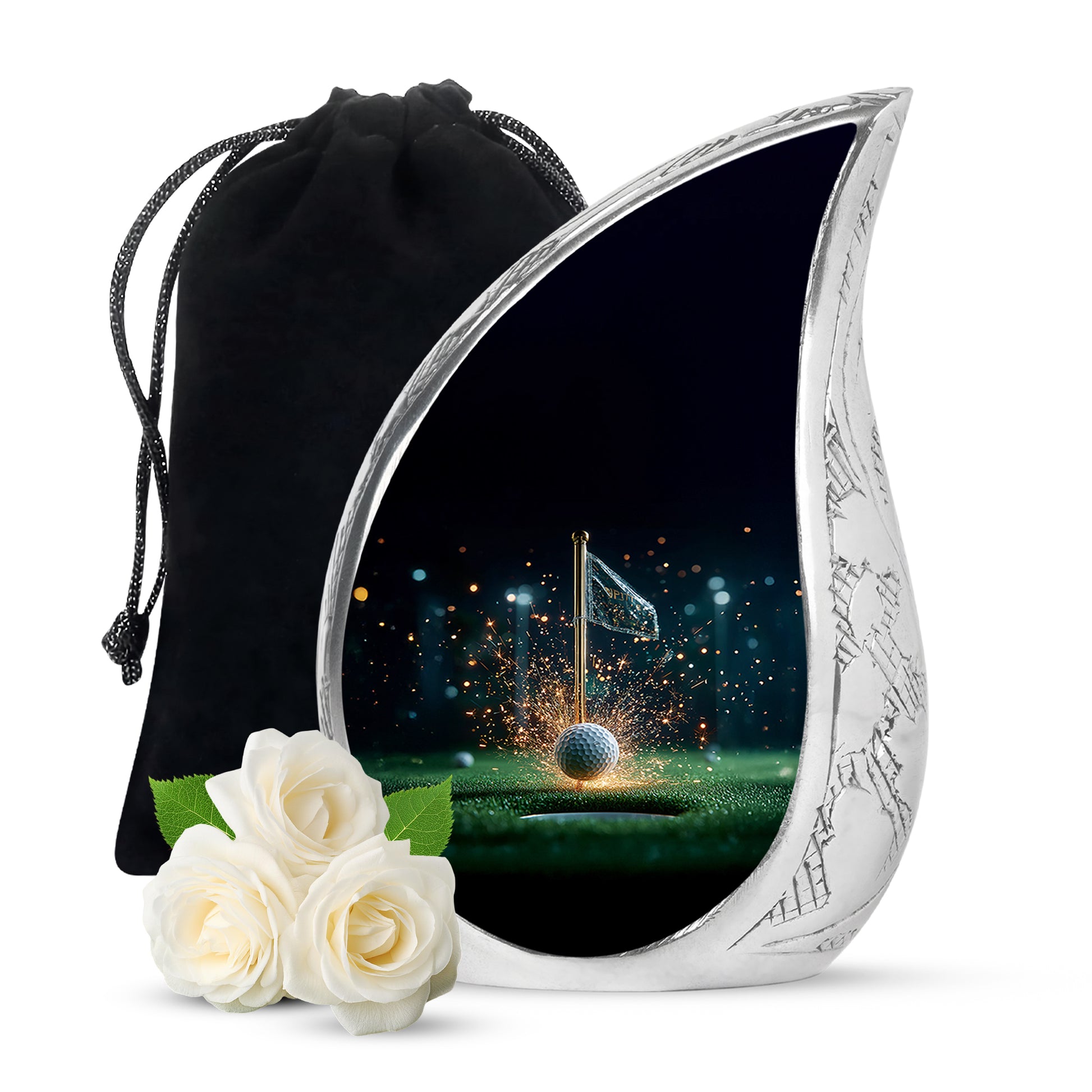 Deep Black Golf Cremation Urn front view showing detailed design - flowing teardrop golf silhouette on curved aluminum - full-size 10 inch 200 cubic inch adult cremation urn