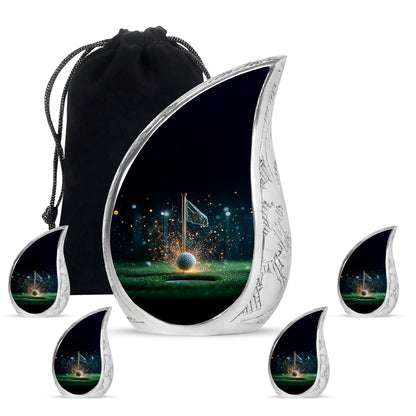 Ebony Golf Cremation Urn side profile showing urn shape - flowing teardrop golf silhouette on curved aluminum - memorial set with one large and four small urns