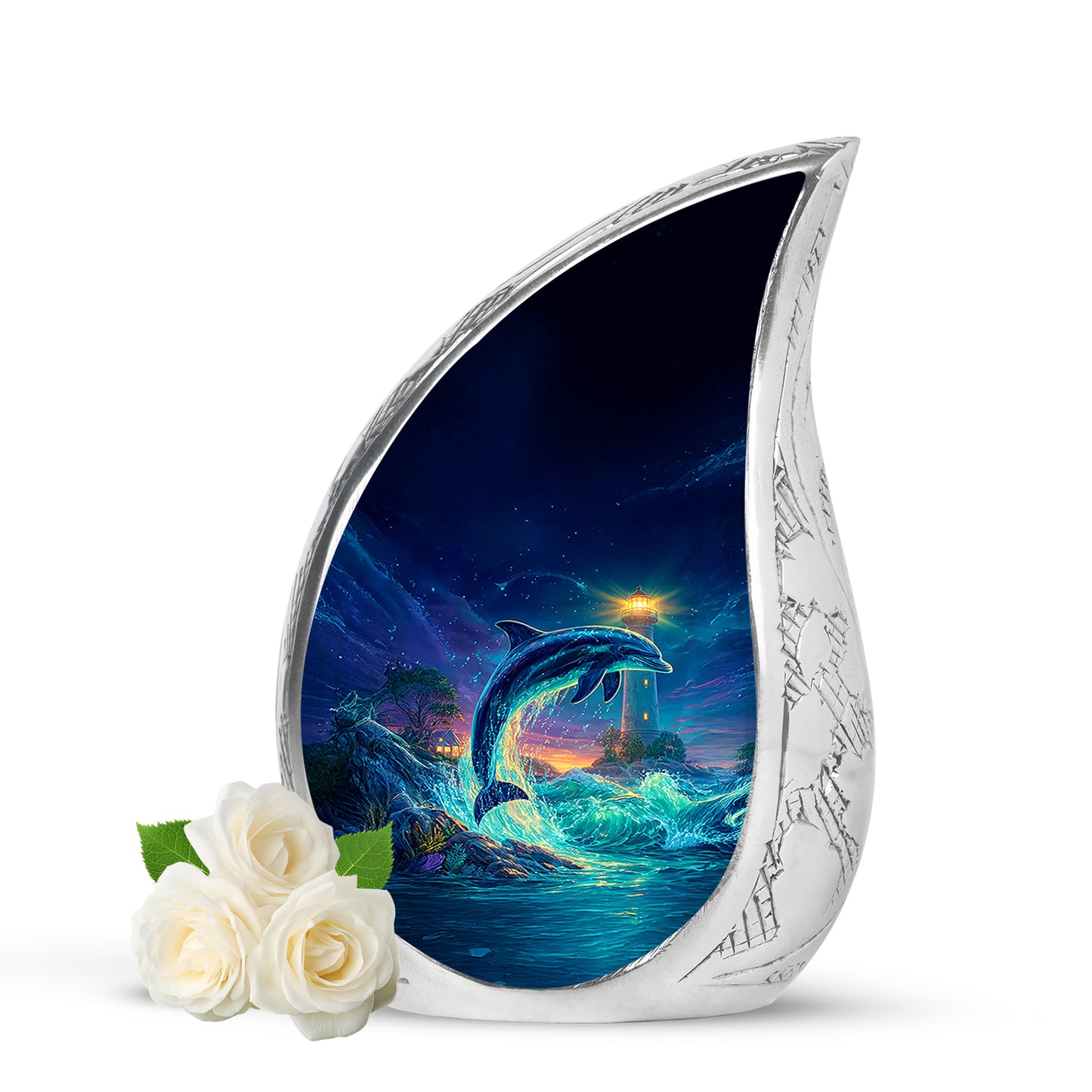 Blue Dolphin Embrace Cremation Urns for Human Ashes - 10-inch, 200 cu in - Yatskia