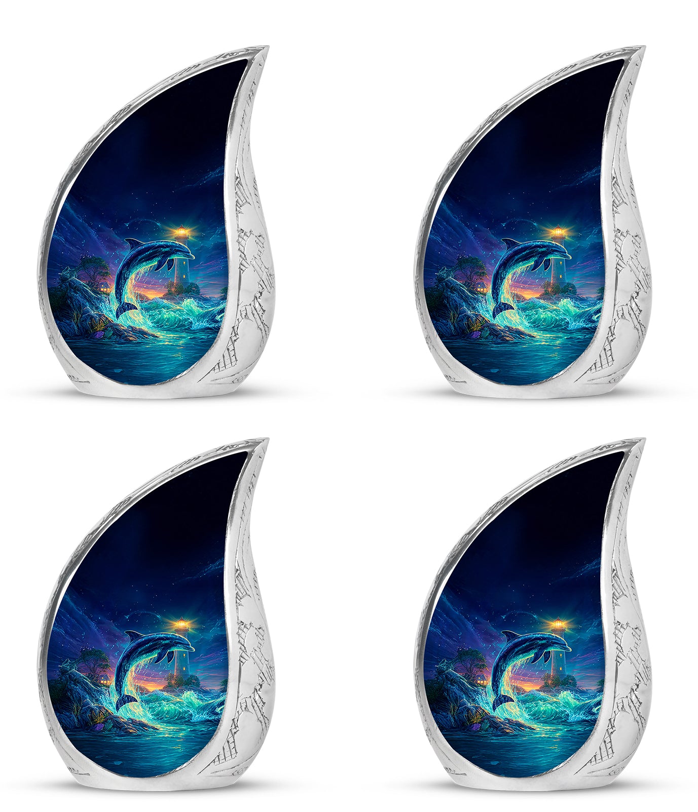 Cobalt Blue Dolphin Cremation Urn close-up of engraving and surface detail - graceful tear-shaped urn with dolphin motif - 10 inch aluminum urn for cremated remains