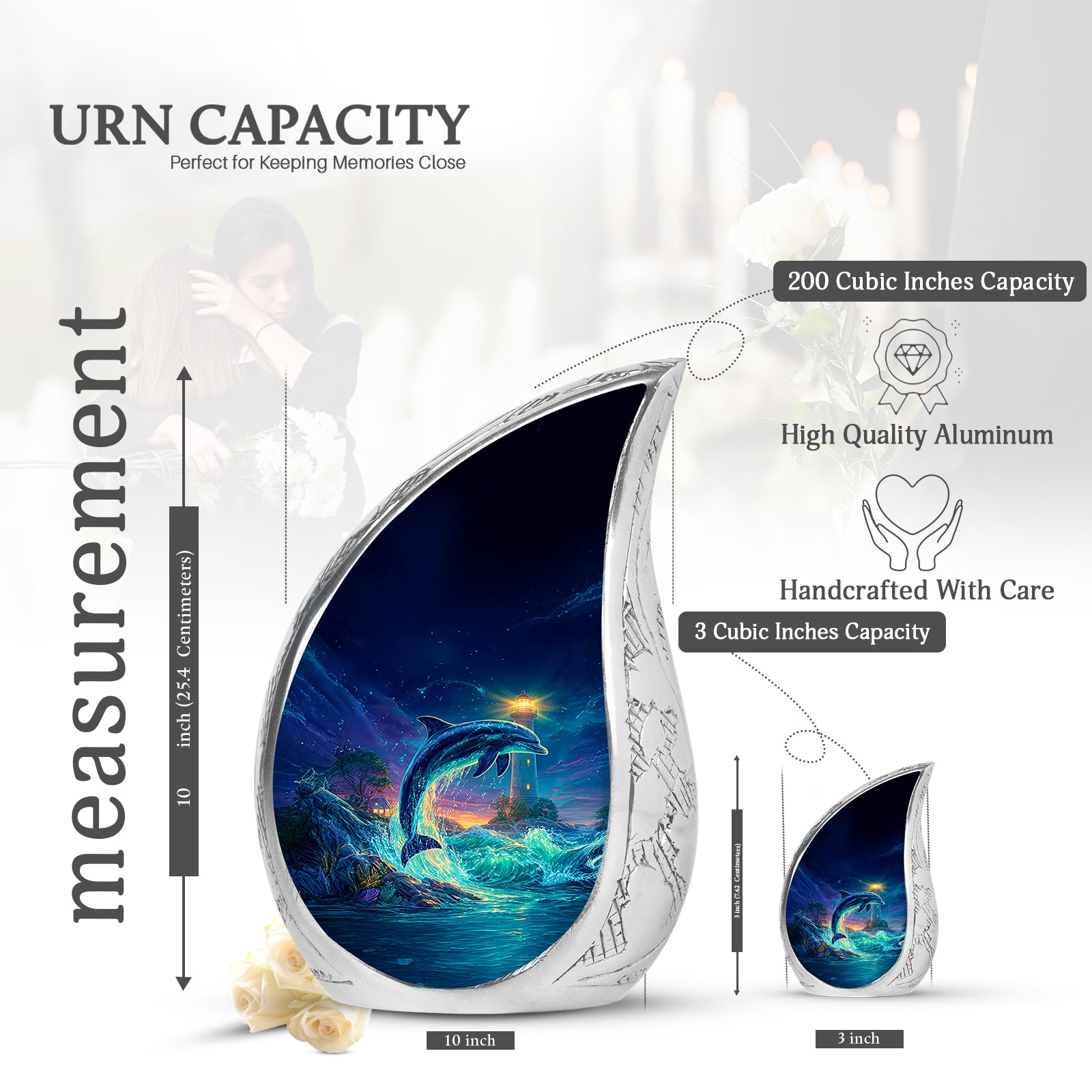 Cobalt Blue Dolphin Cremation Urn angled view of lid and engraved motif - smooth teardrop contour featuring dolphin art - mini keepsake memorial for portion of cremation ashes