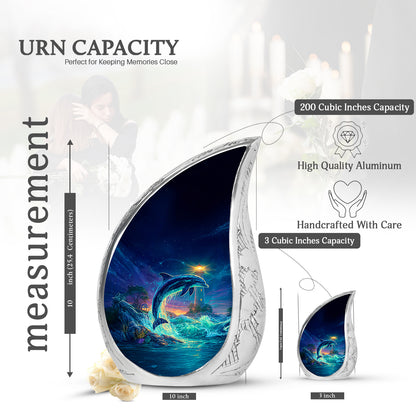 Cobalt Blue Dolphin Cremation Urn angled view of lid and engraved motif - smooth teardrop contour featuring dolphin art - mini keepsake memorial for portion of cremation ashes