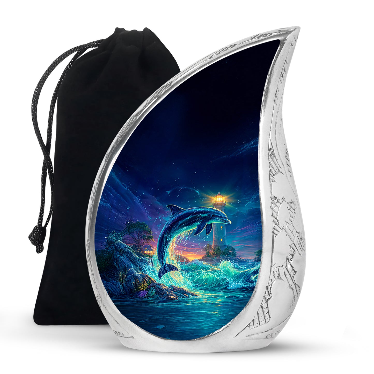 Soft Blue Dolphin Cremation Urn front view showing detailed design - smooth teardrop contour featuring dolphin art - full-size 10 inch 200 cubic inch adult cremation urn