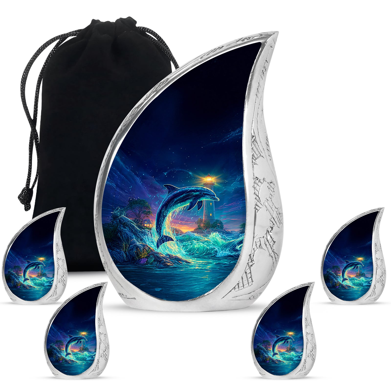 Sapphire Blue Dolphin Cremation Urn side profile showing urn shape - smooth teardrop contour featuring dolphin art - memorial set with one large and four small urns