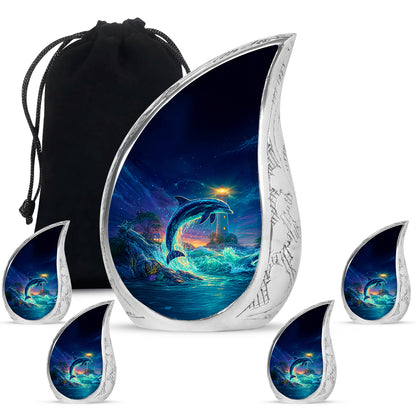 Sapphire Blue Dolphin Cremation Urn side profile showing urn shape - smooth teardrop contour featuring dolphin art - memorial set with one large and four small urns