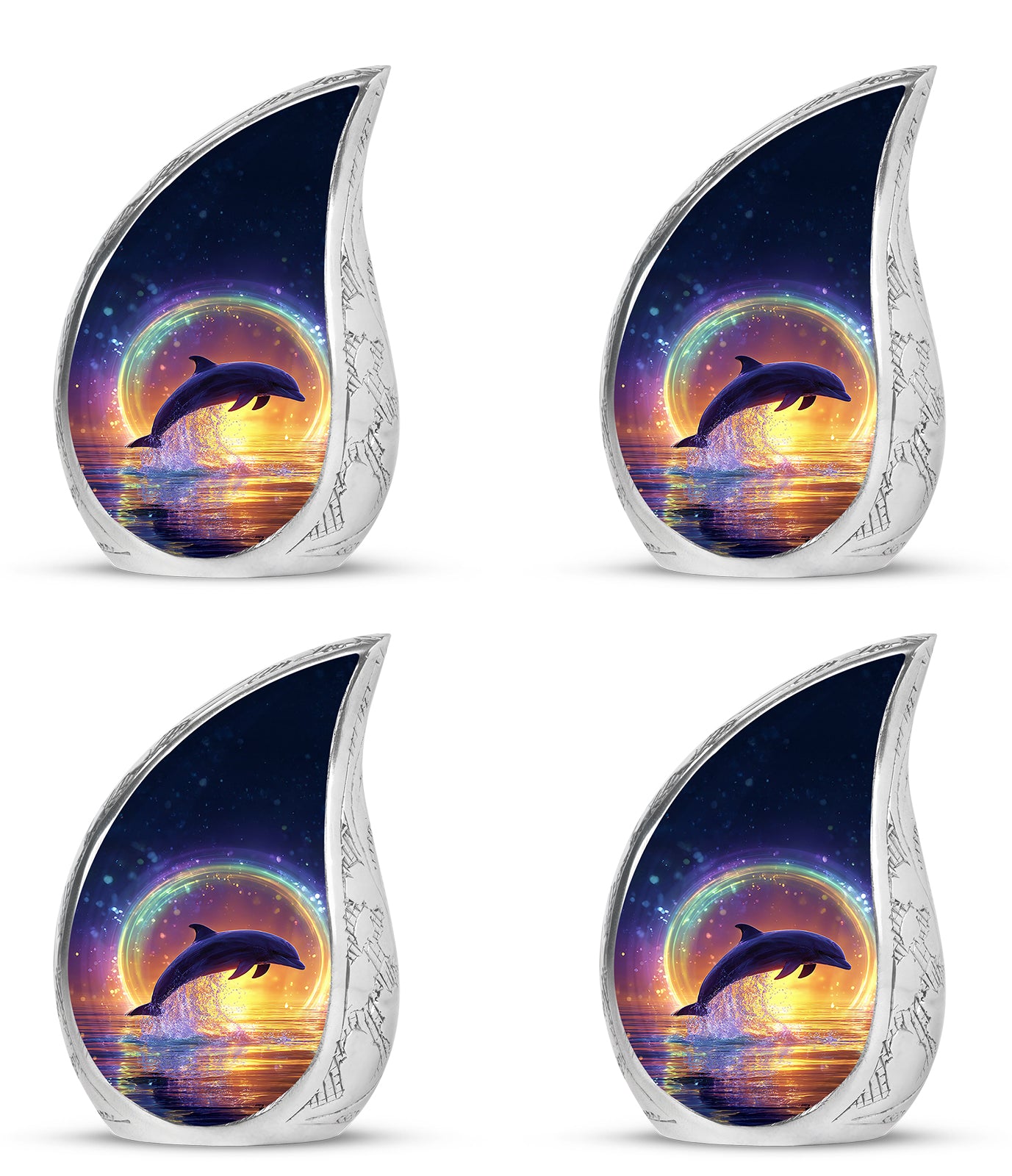 Slate Blue Dolphin Cremation Urn close-up of engraving and surface detail - flowing teardrop dolphin silhouette on curved aluminum - 10 inch aluminum urn for cremated remains