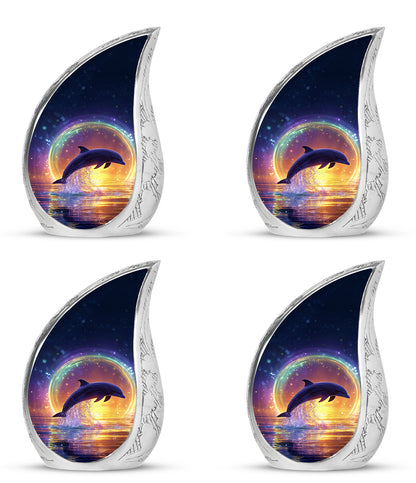 Slate Blue Dolphin Cremation Urn close-up of engraving and surface detail - flowing teardrop dolphin silhouette on curved aluminum - 10 inch aluminum urn for cremated remains