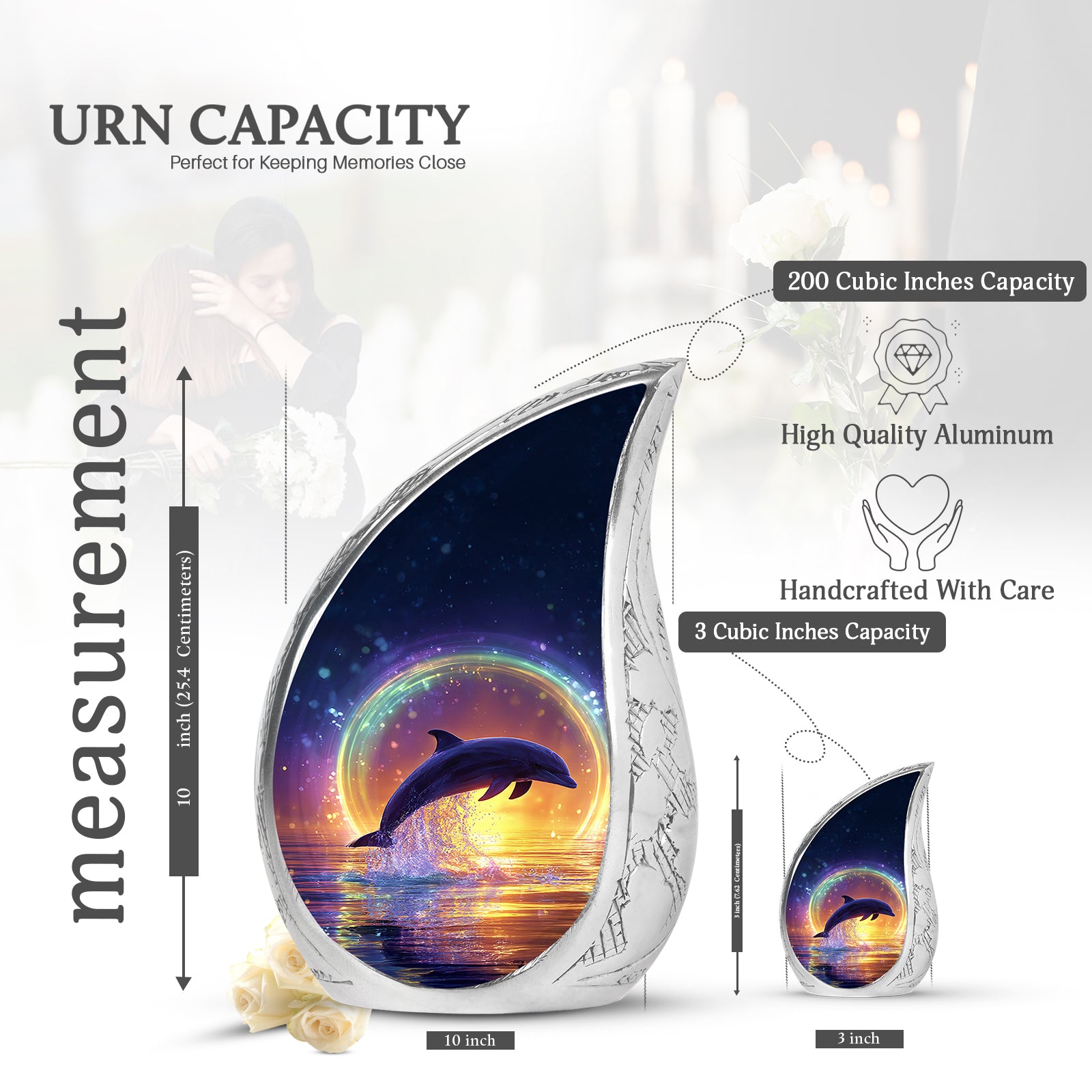 Royal Blue Dolphin Cremation Urn angled view of lid and engraved motif - graceful tear-shaped urn with dolphin motif - mini keepsake memorial for portion of cremation ashes