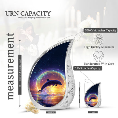 Royal Blue Dolphin Cremation Urn angled view of lid and engraved motif - graceful tear-shaped urn with dolphin motif - mini keepsake memorial for portion of cremation ashes