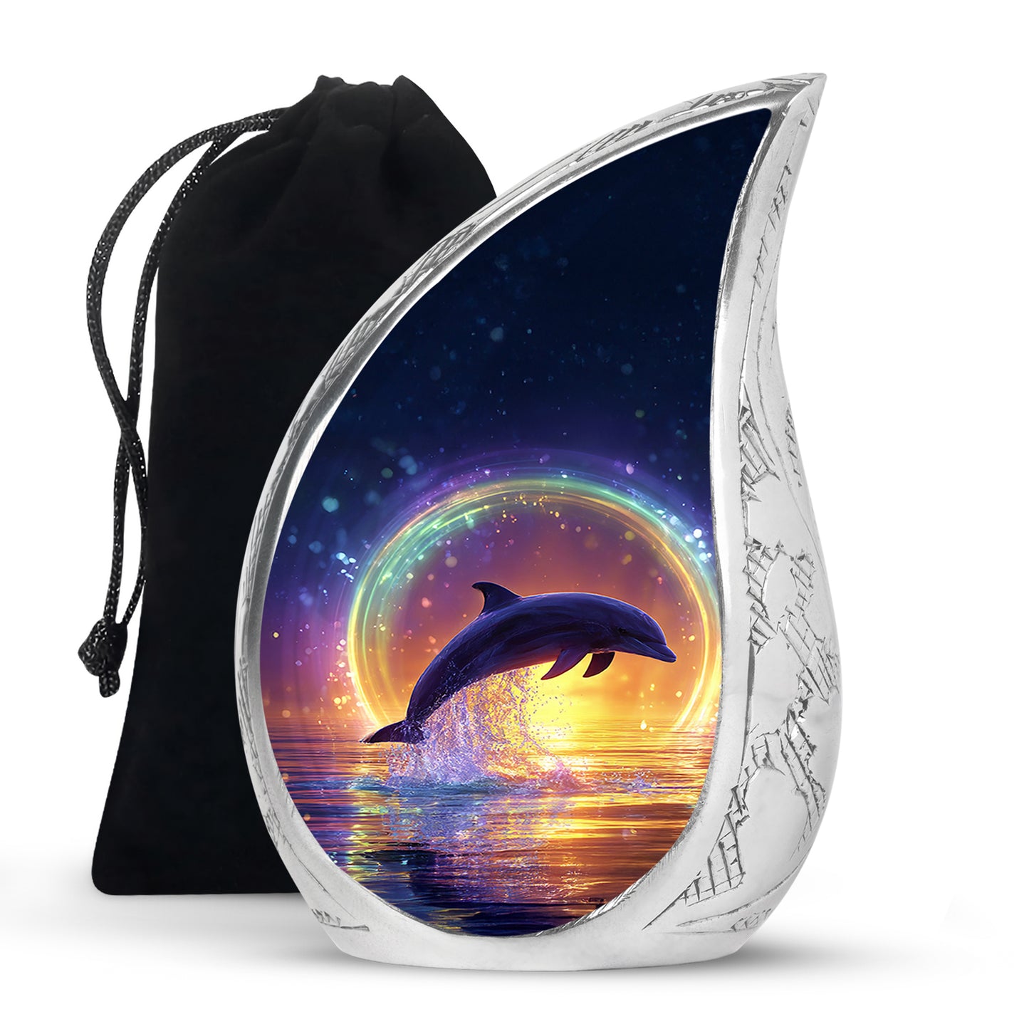Pastel Blue Dolphin Cremation Urn front view showing detailed design - rounded teardrop dolphin design with delicate detail - full-size 10 inch 200 cubic inch adult cremation urn