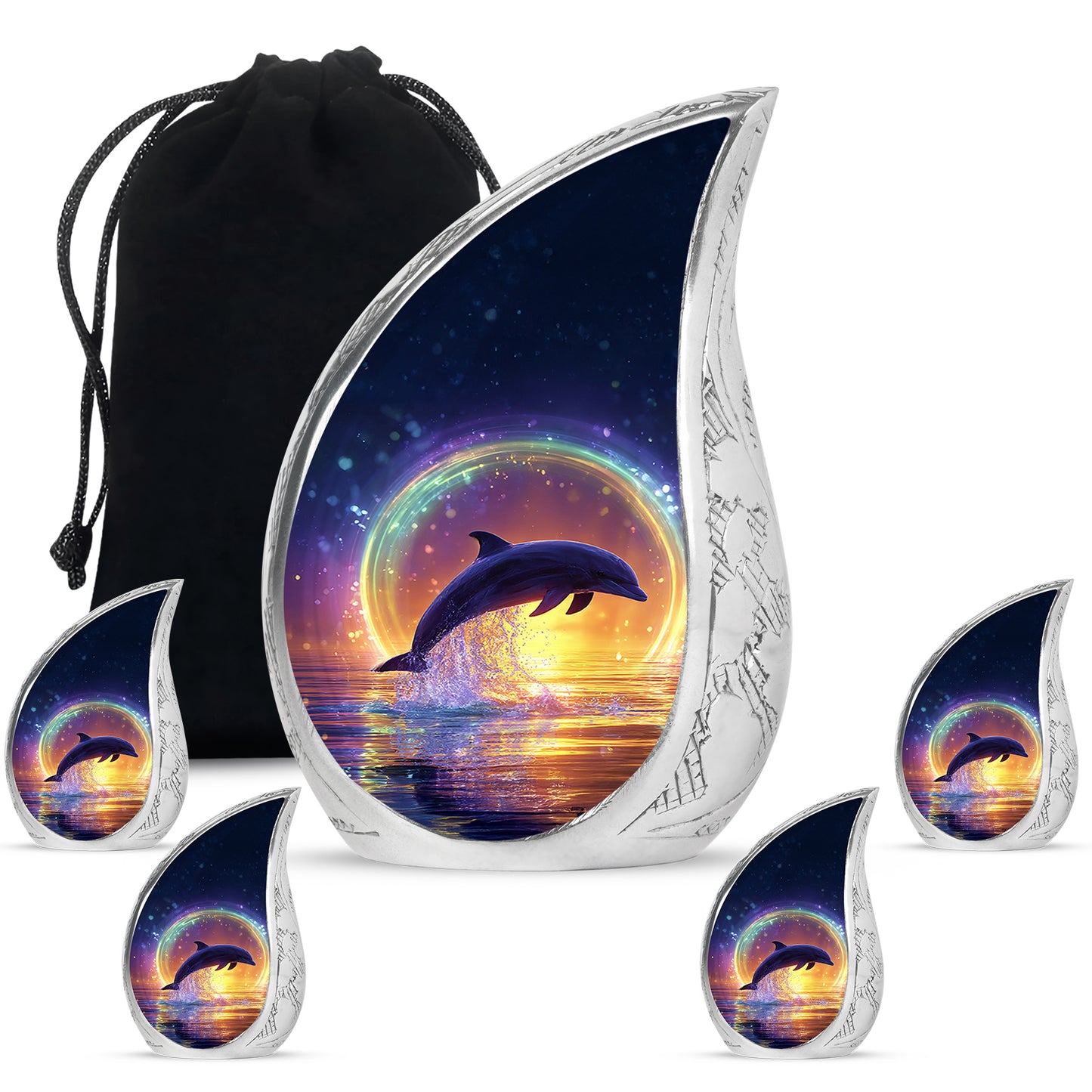 Steel Blue Dolphin Cremation Urn side profile showing urn shape - smooth teardrop contour featuring dolphin art - memorial set with one large and four small urns