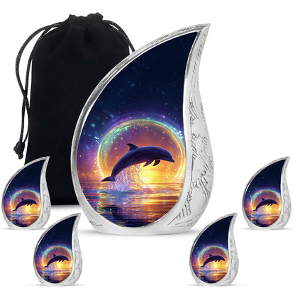 Steel Blue Dolphin Cremation Urn side profile showing urn shape - smooth teardrop contour featuring dolphin art - memorial set with one large and four small urns