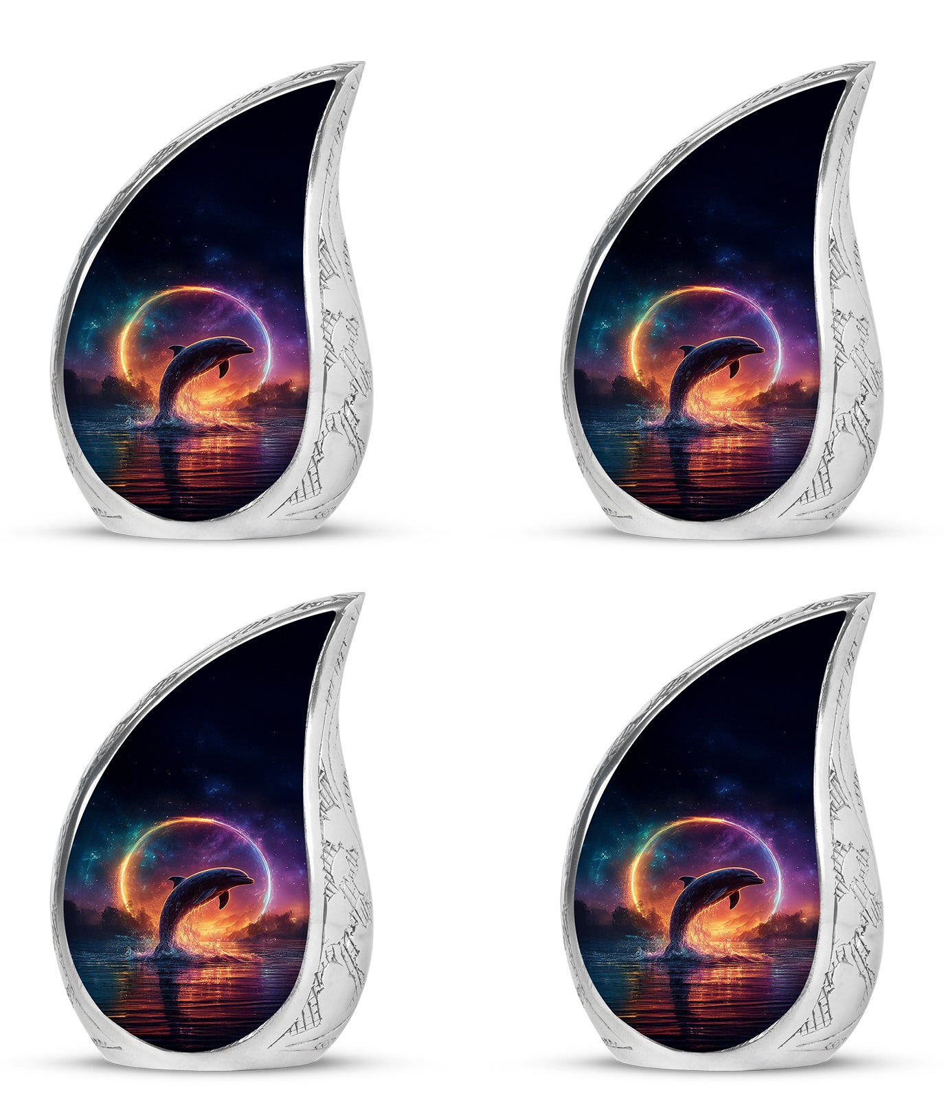 Azure Dolphin Cremation Urn close-up of engraving and surface detail - flowing teardrop dolphin silhouette on curved aluminum - 10 inch aluminum urn for cremated remains