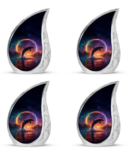 Azure Dolphin Cremation Urn close-up of engraving and surface detail - flowing teardrop dolphin silhouette on curved aluminum - 10 inch aluminum urn for cremated remains