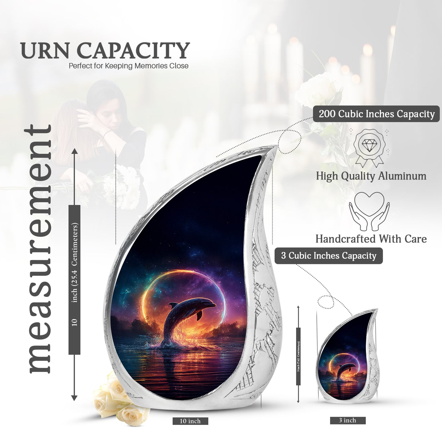 Celestial Blue Dolphin Cremation Urn angled view of lid and engraved motif - rounded teardrop dolphin design with delicate detail - mini keepsake memorial for portion of cremation ashes