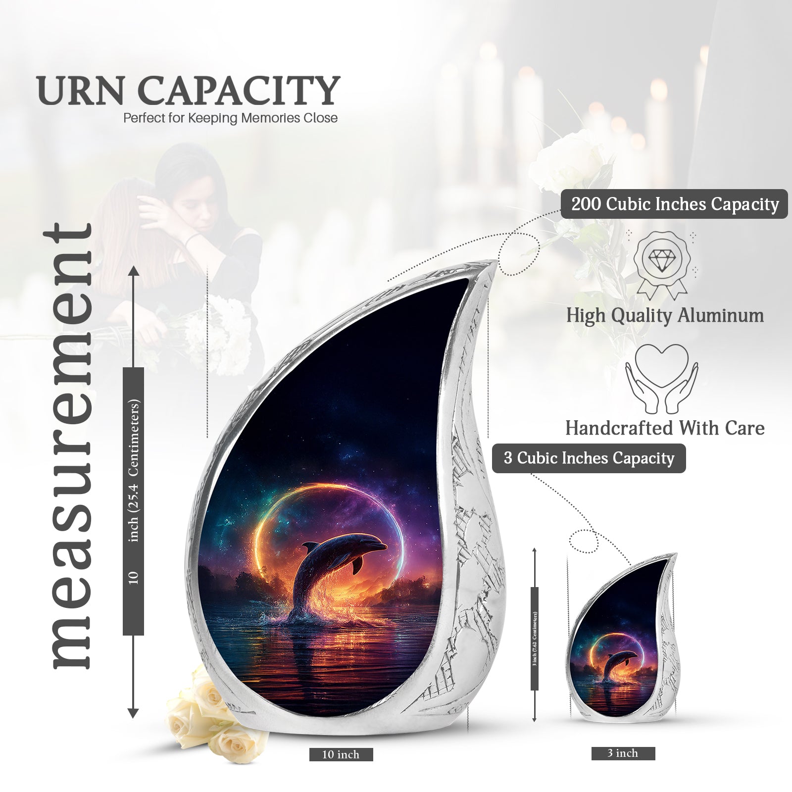Celestial Blue Dolphin Cremation Urn angled view of lid and engraved motif - rounded teardrop dolphin design with delicate detail - mini keepsake memorial for portion of cremation ashes
