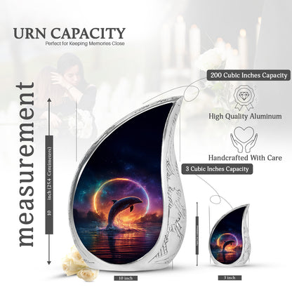 Celestial Blue Dolphin Cremation Urn angled view of lid and engraved motif - rounded teardrop dolphin design with delicate detail - mini keepsake memorial for portion of cremation ashes