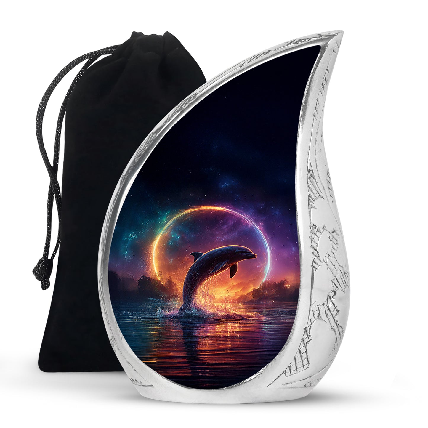 Azure Dolphin Cremation Urn front view showing detailed design - flowing teardrop dolphin silhouette on curved aluminum - full-size 10 inch 200 cubic inch adult cremation urn