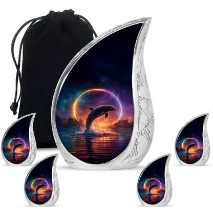 Dusty Blue Dolphin Cremation Urn side profile showing urn shape - flowing teardrop dolphin silhouette on curved aluminum - memorial set with one large and four small urns