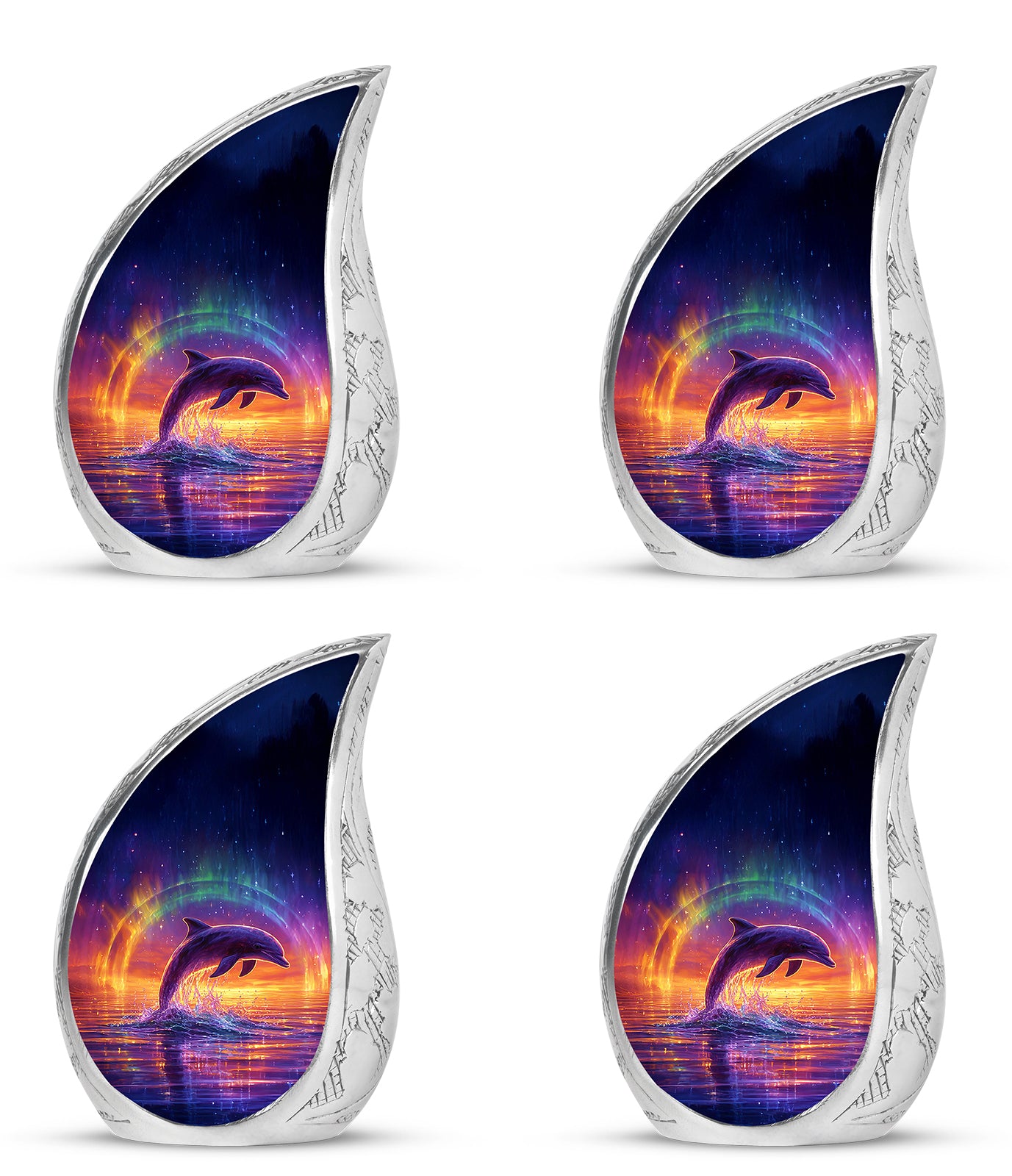 Indigo Dolphin Cremation Urn close-up of engraving and surface detail - flowing teardrop dolphin silhouette on curved aluminum - 10 inch aluminum urn for cremated remains