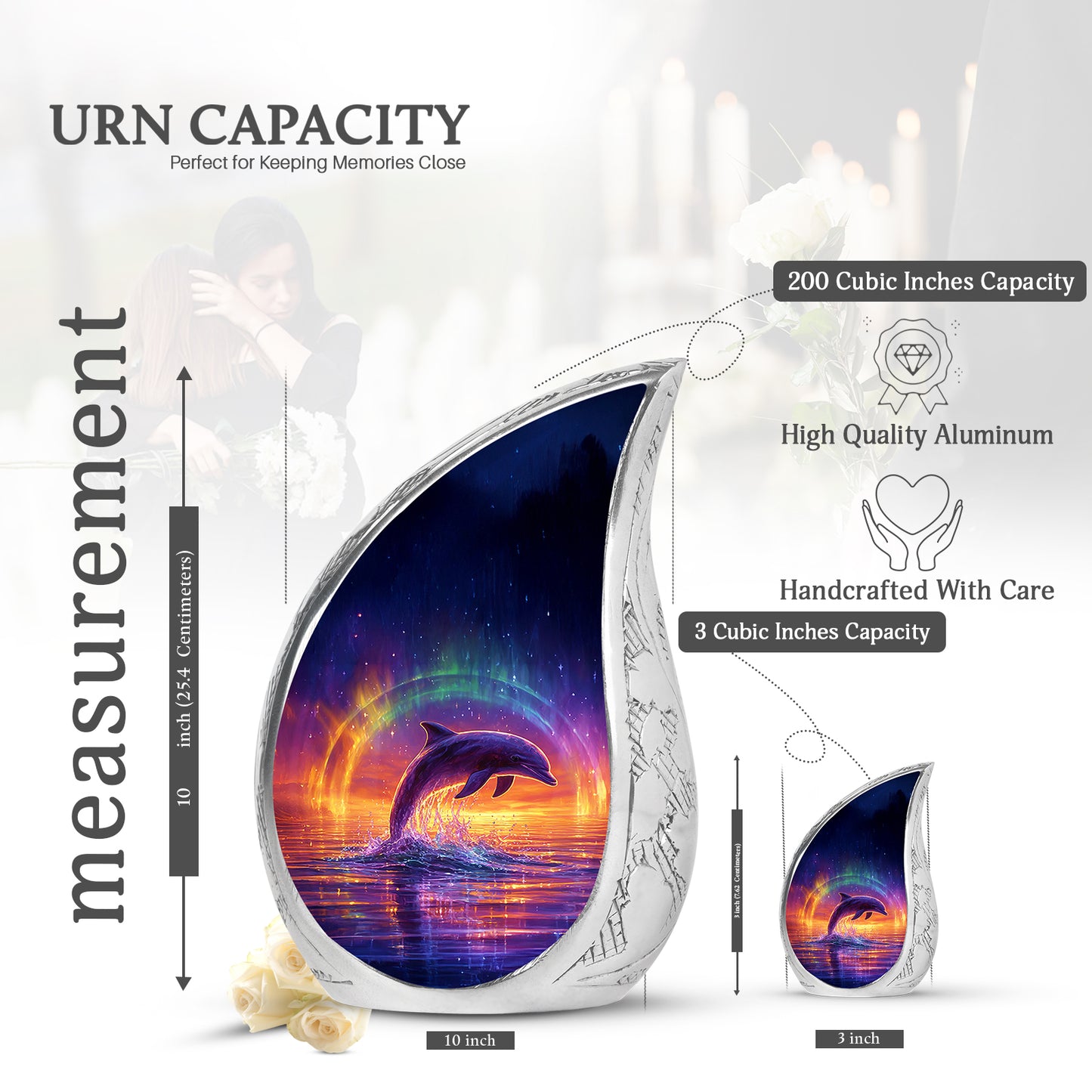 Indigo Dolphin Cremation Urn angled view of lid and engraved motif - flowing teardrop dolphin silhouette on curved aluminum - mini keepsake memorial for portion of cremation ashes