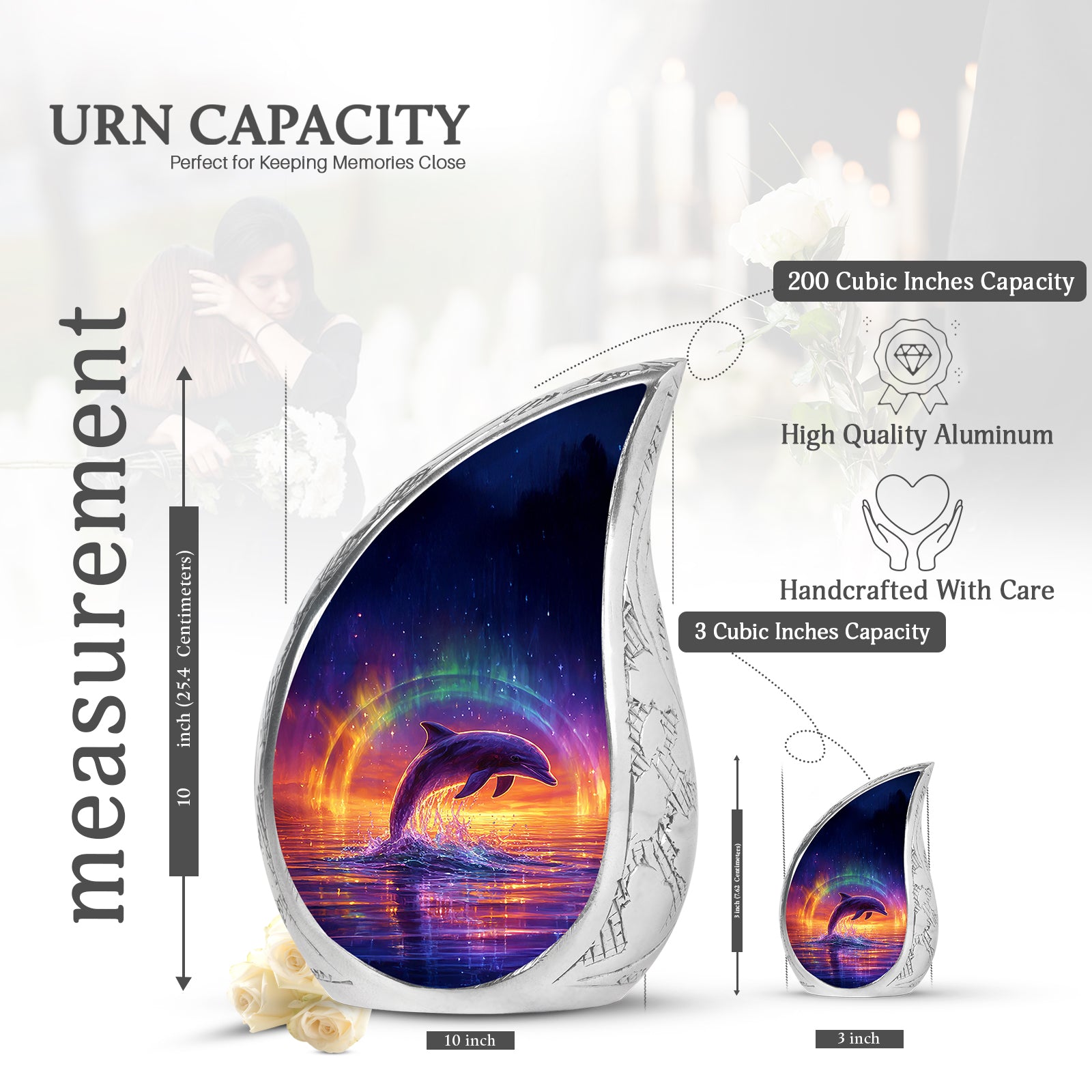 Indigo Dolphin Cremation Urn angled view of lid and engraved motif - flowing teardrop dolphin silhouette on curved aluminum - mini keepsake memorial for portion of cremation ashes