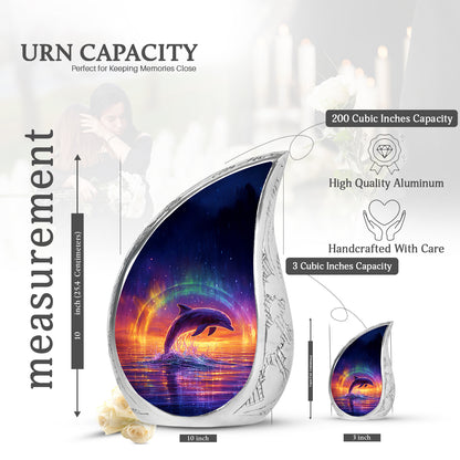 Indigo Dolphin Cremation Urn angled view of lid and engraved motif - flowing teardrop dolphin silhouette on curved aluminum - mini keepsake memorial for portion of cremation ashes