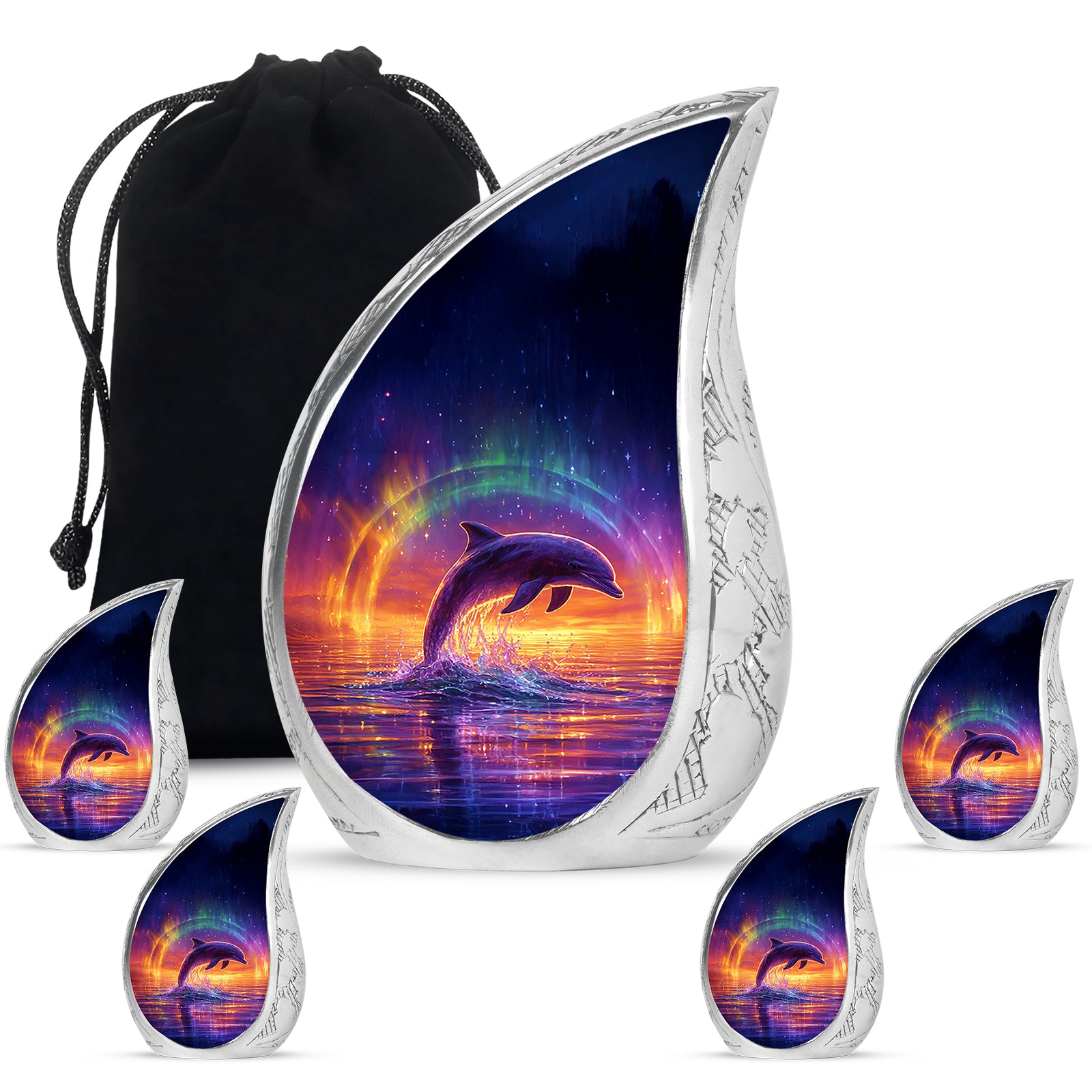 Serene Blue Dolphin Cremation Urn side profile showing urn shape - smooth teardrop contour featuring dolphin art - memorial set with one large and four small urns