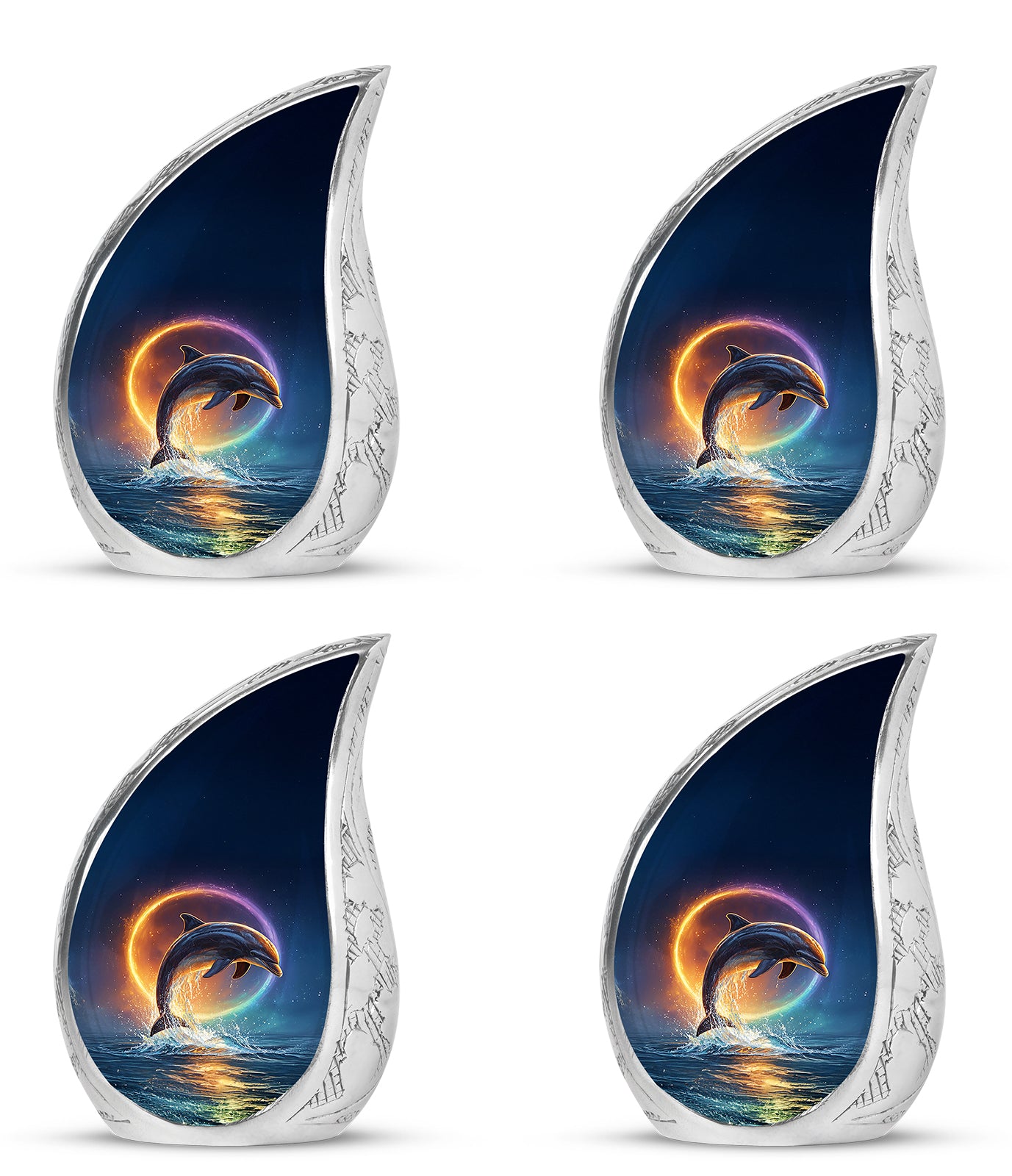Steel Blue Dolphin Cremation Urn close-up of engraving and surface detail - smooth teardrop contour featuring dolphin art - 10 inch aluminum urn for cremated remains