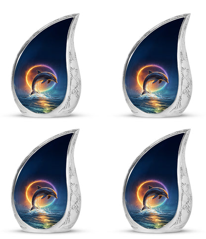Steel Blue Dolphin Cremation Urn close-up of engraving and surface detail - smooth teardrop contour featuring dolphin art - 10 inch aluminum urn for cremated remains