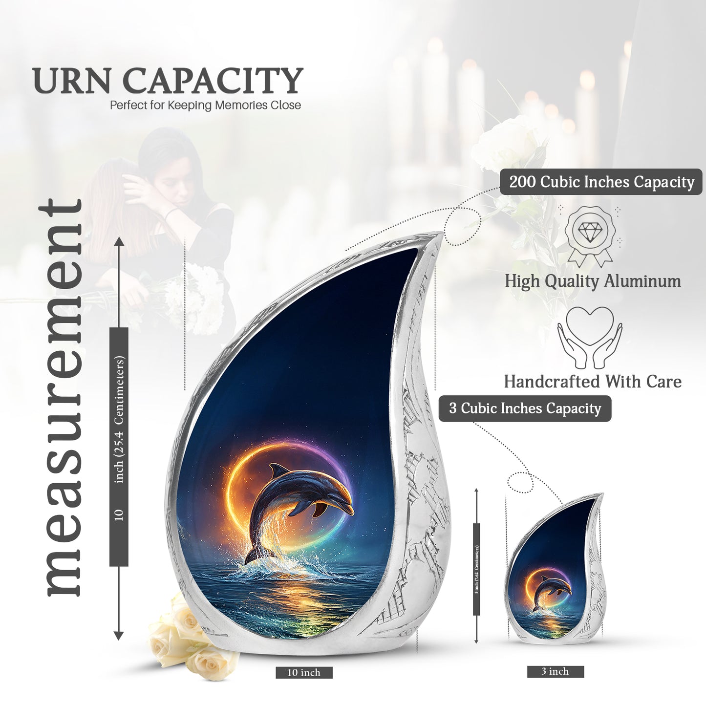 Dusty Blue Dolphin Cremation Urn angled view of lid and engraved motif - rounded teardrop dolphin design with delicate detail - mini keepsake memorial for portion of cremation ashes