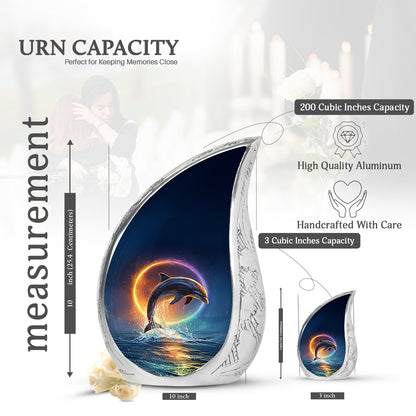 Dusty Blue Dolphin Cremation Urn angled view of lid and engraved motif - rounded teardrop dolphin design with delicate detail - mini keepsake memorial for portion of cremation ashes