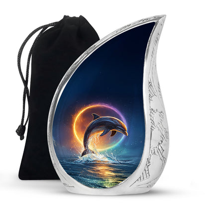 Celestial Blue Dolphin Cremation Urn front view showing detailed design - flowing teardrop dolphin silhouette on curved aluminum - full-size 10 inch 200 cubic inch adult cremation urn