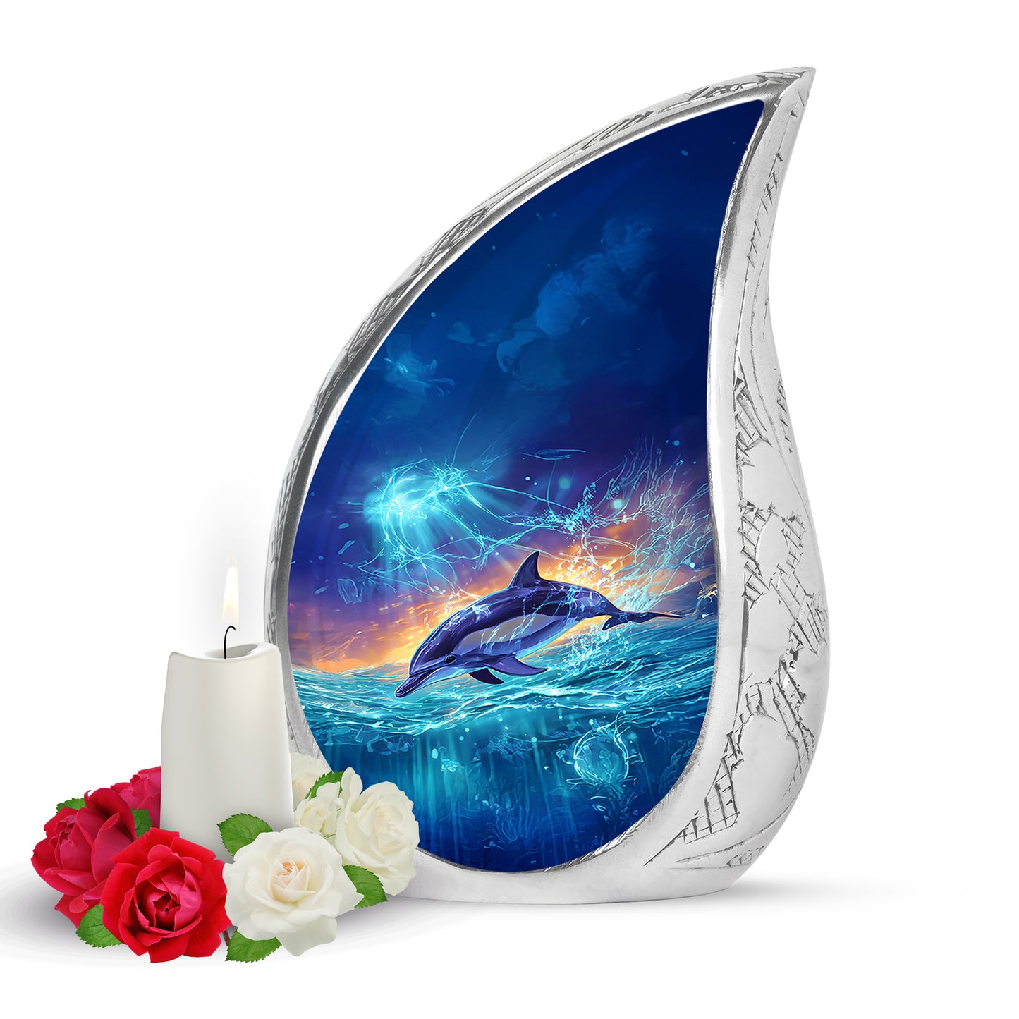 Blue Venerable Dolphin Cremation Urns for Human Ashes - 10-inch, 200 cu in - Yatskia