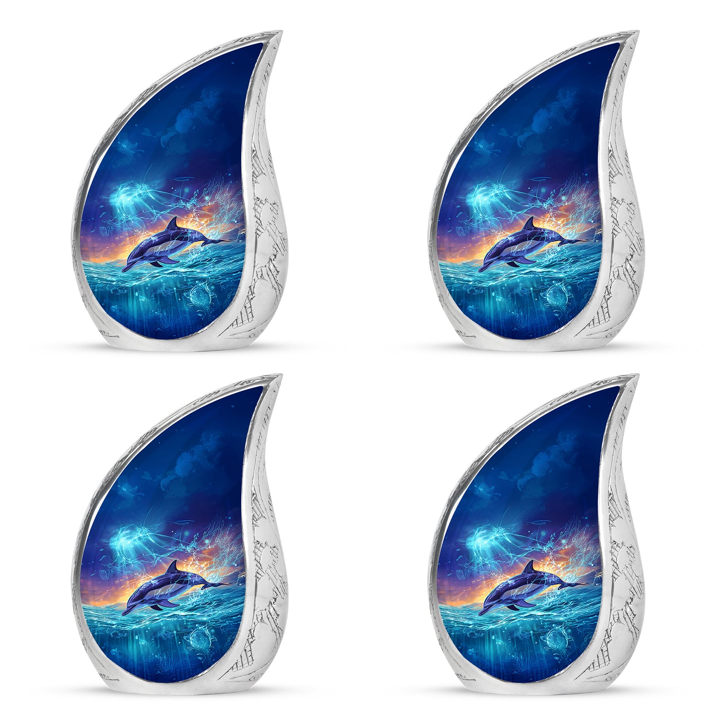 Calming Blue Dolphin Cremation Urn close-up of engraving and surface detail - graceful tear-shaped urn with dolphin motif - 10 inch aluminum urn for cremated remains