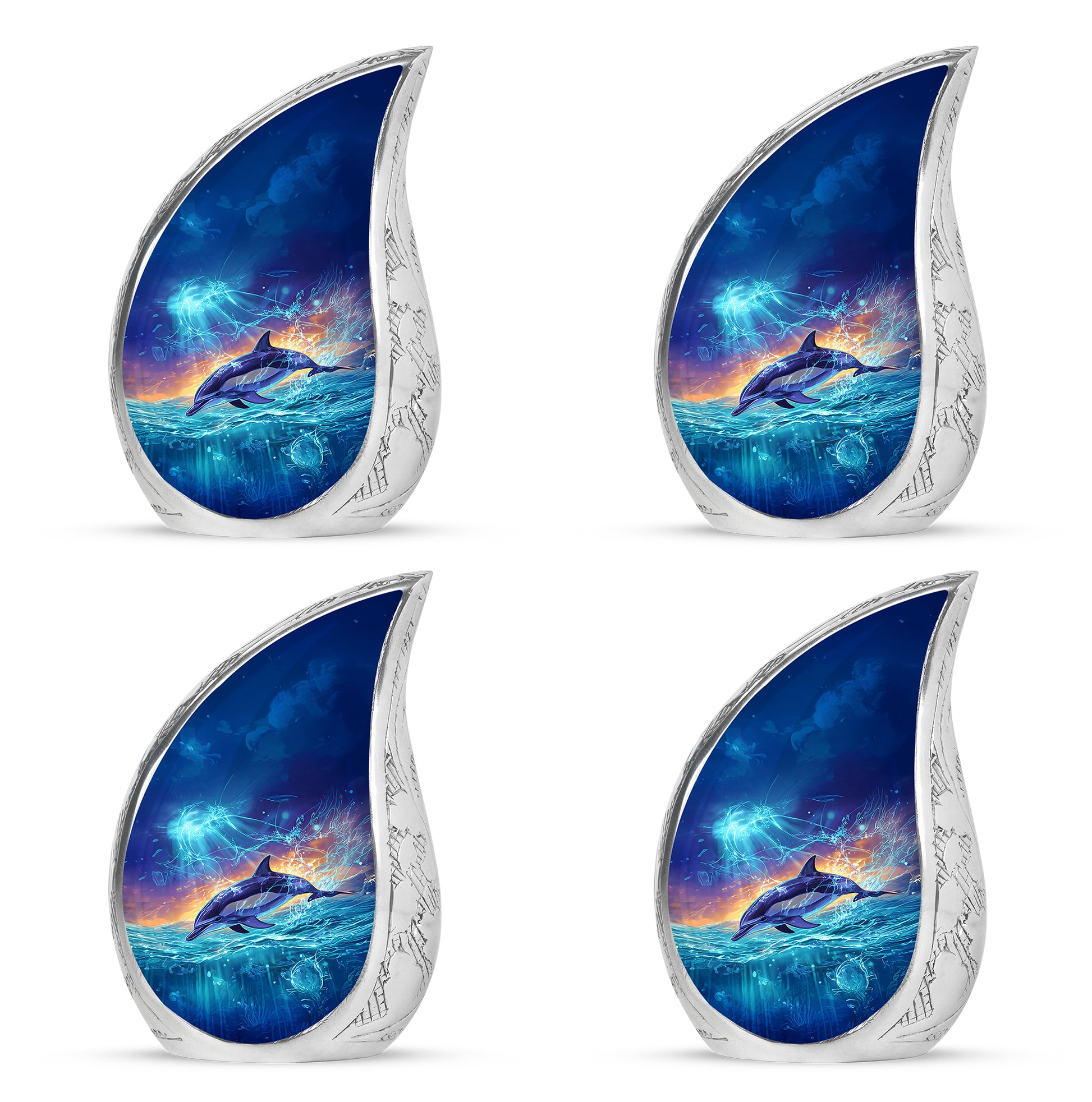 Calming Blue Dolphin Cremation Urn close-up of engraving and surface detail - graceful tear-shaped urn with dolphin motif - 10 inch aluminum urn for cremated remains